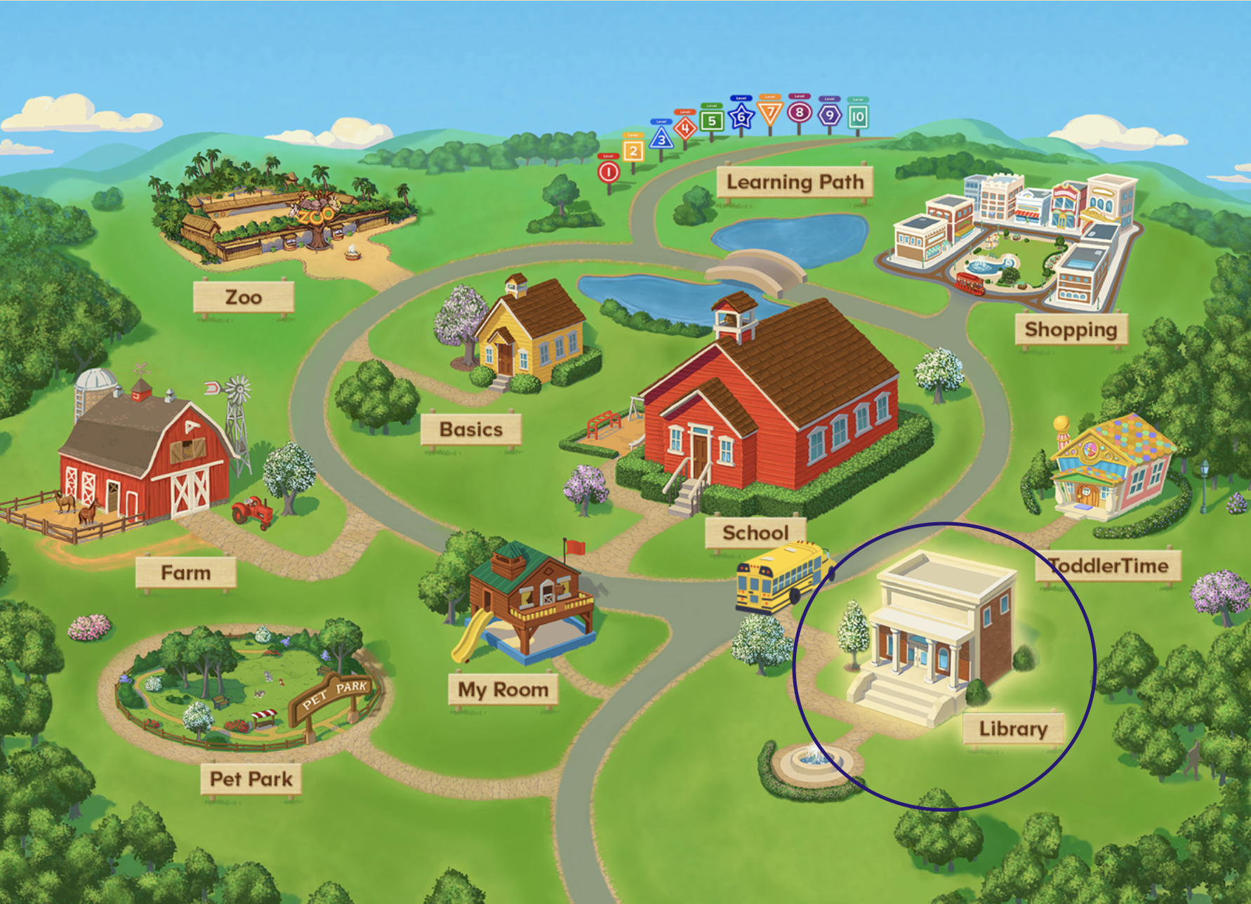 A map of all that's included in the ABCmouse app with the library circled. 